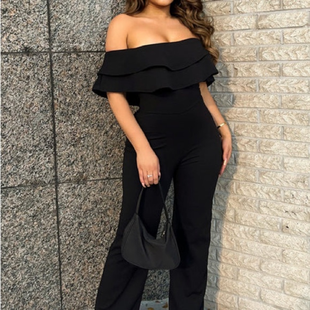 Fashion Nova Black Ruffled Off-Shoulder Jumpsuit